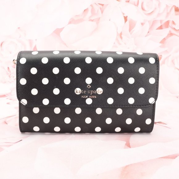 Kate Spade Women's Cheers Phone Wallet Black/White Polka Dot Leather W/Gift Box - Picture 1 of 10